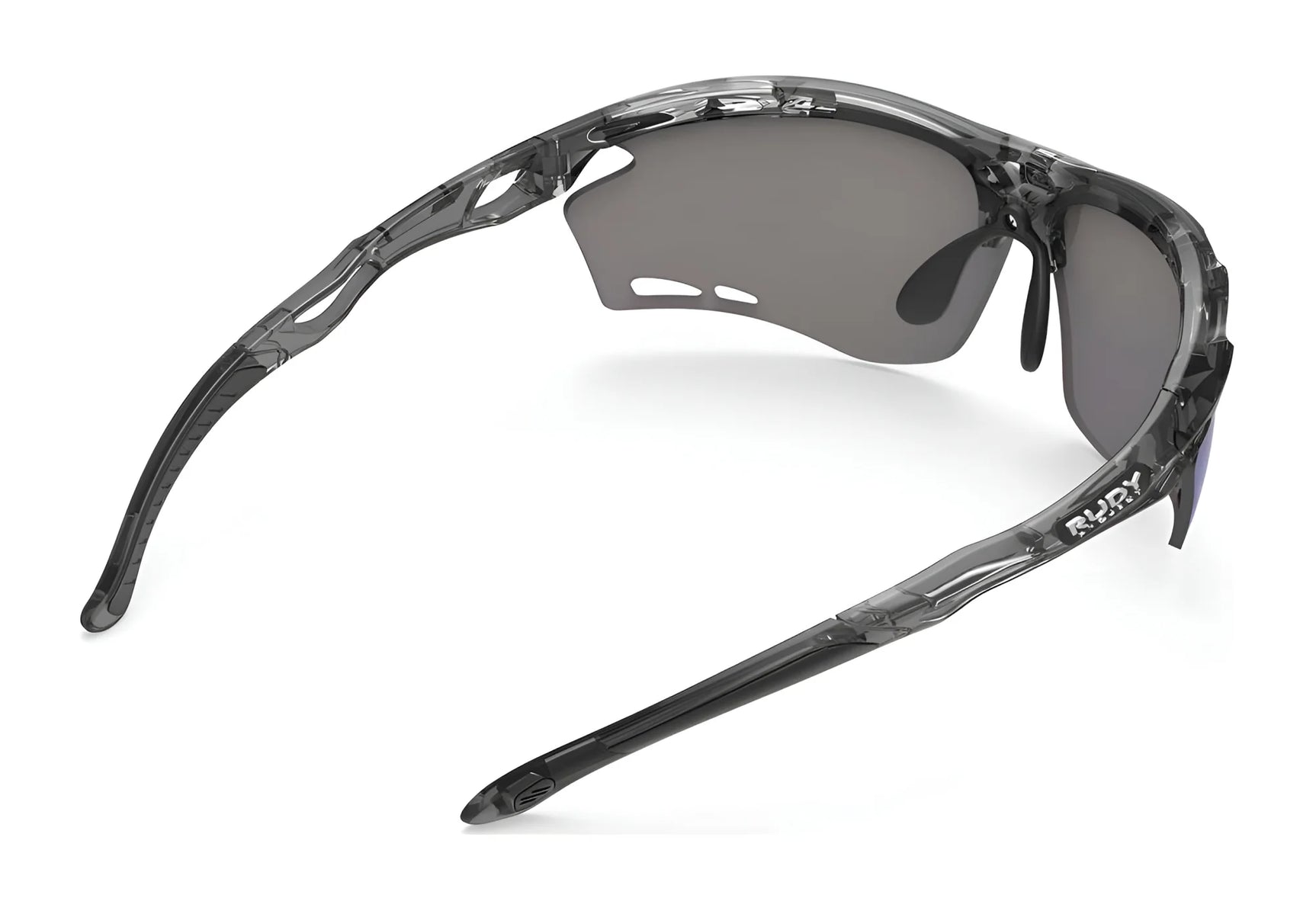 Rudy Project Propulse Sunglasses | Size 75 by Rudy Project feature a translucent black wraparound design, dark lenses, adjustable nosepiece, and ventilated frame for comfort and UV protection, shown in a side view. Rudy Project Propulse Sunglasses | Size 75 by Rudy Project feature a translucent black wraparound design, dark lenses, adjustable nosepiece, and ventilated frame for comfort and UV protection, shown in a side view.