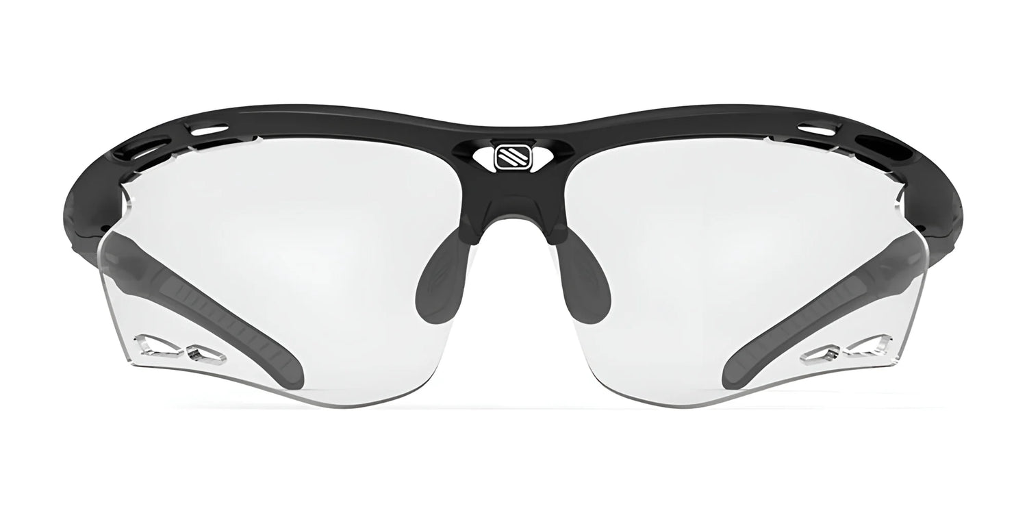 The Rudy Project Propulse Sunglasses | Size 75 by Rudy Project feature a black frame, vented sides, and clear lenses with UV protection for enhanced eye safety, shown from the front. The Rudy Project Propulse Sunglasses | Size 75 by Rudy Project feature a black frame, vented sides, and clear lenses with UV protection for enhanced eye safety, shown from the front.