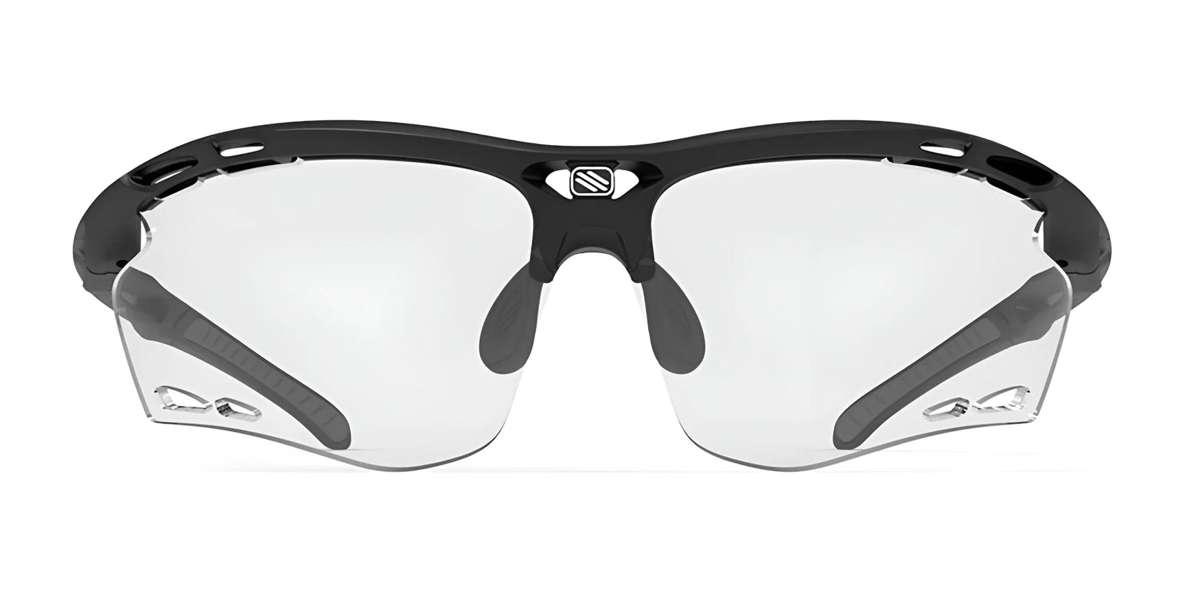 The Rudy Project Propulse Sunglasses | Size 75 by Rudy Project feature a black frame, vented sides, and clear lenses with UV protection for enhanced eye safety, shown from the front. The Rudy Project Propulse Sunglasses | Size 75 by Rudy Project feature a black frame, vented sides, and clear lenses with UV protection for enhanced eye safety, shown from the front.