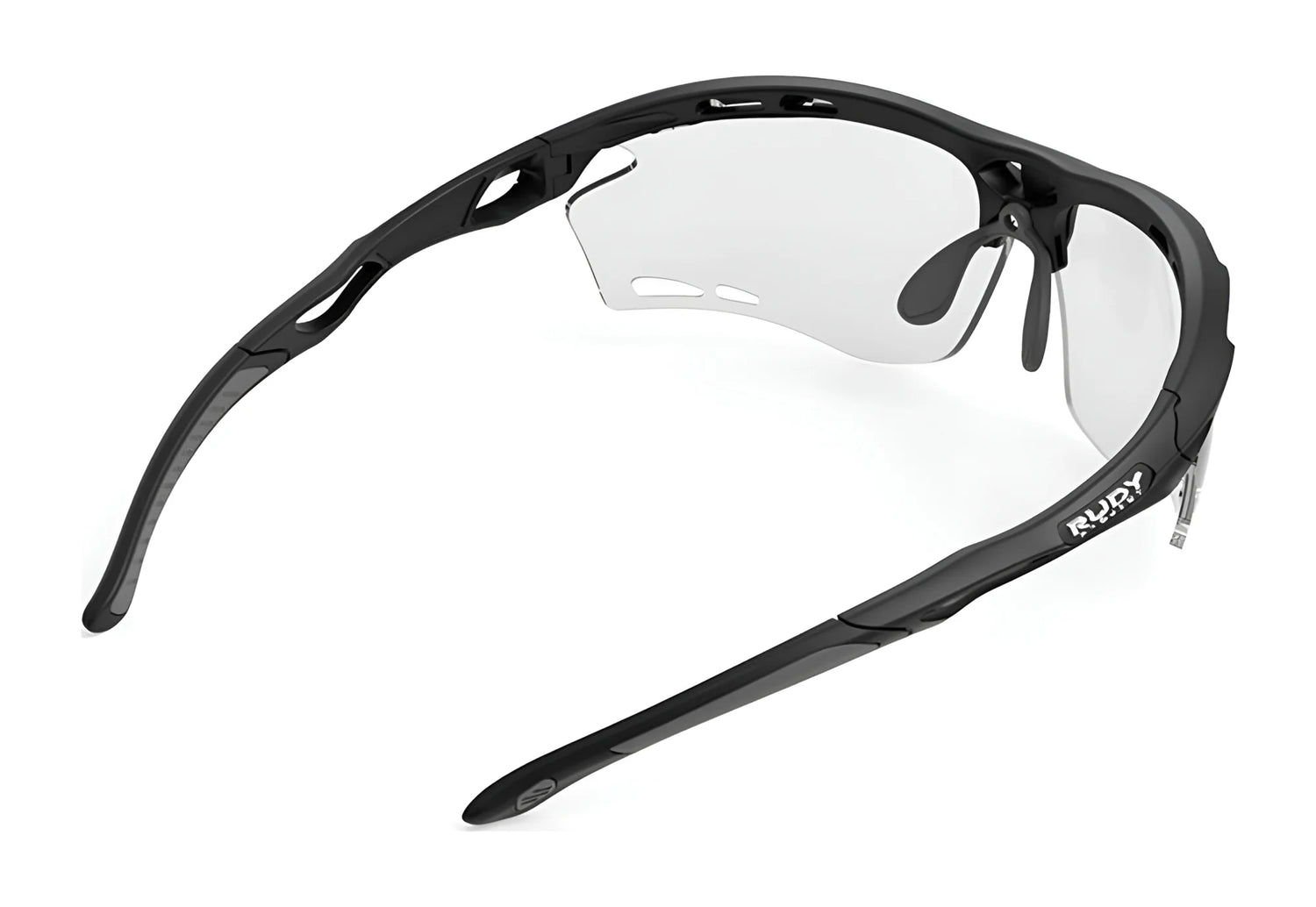 The Rudy Project Propulse Sunglasses (Size 75) by Rudy Project are black sports frames with clear lenses, shown from the rear on a white background. An adjustable nosepiece ensures a secure, comfortable fit for high-performance activities. The Rudy Project Propulse Sunglasses (Size 75) by Rudy Project are black sports frames with clear lenses, shown from the rear on a white background. An adjustable nosepiece ensures a secure, comfortable fit for high-performance activities.
