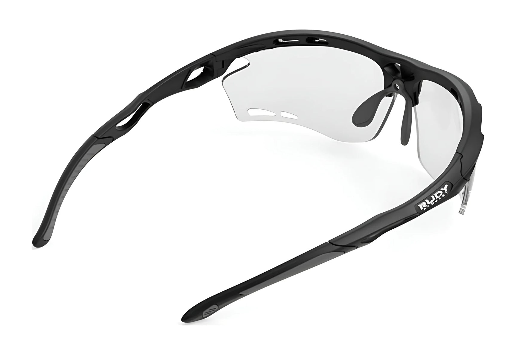 The Rudy Project Propulse Sunglasses (Size 75) by Rudy Project are black sports frames with clear lenses, shown from the rear on a white background. An adjustable nosepiece ensures a secure, comfortable fit for high-performance activities. The Rudy Project Propulse Sunglasses (Size 75) by Rudy Project are black sports frames with clear lenses, shown from the rear on a white background. An adjustable nosepiece ensures a secure, comfortable fit for high-performance activities.