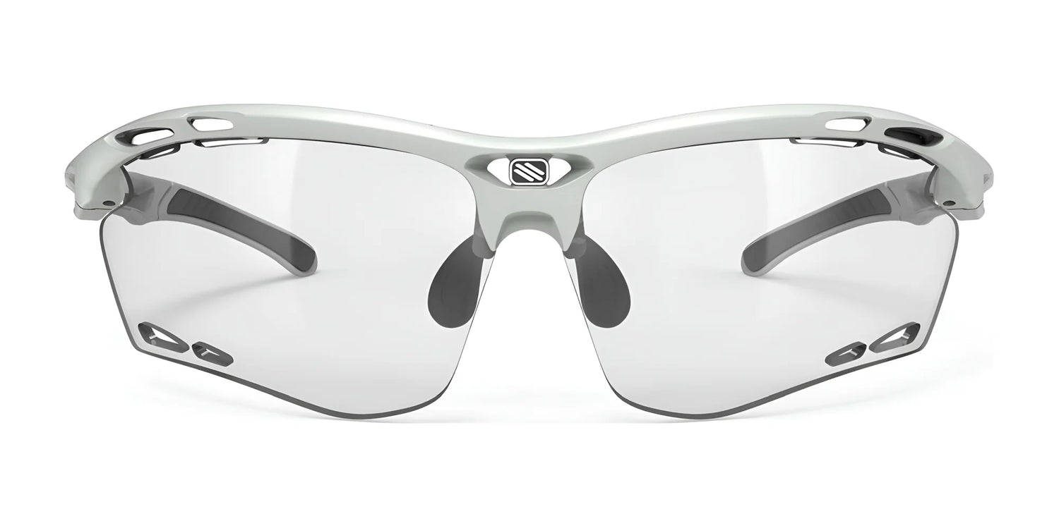 Front view of Rudy Project Propulse Sunglasses | Size 75 by Rudy Project, white frameless sports style with clear UV-protection lenses and black adjustable nosepiece. Front view of Rudy Project Propulse Sunglasses | Size 75 by Rudy Project, white frameless sports style with clear UV-protection lenses and black adjustable nosepiece.