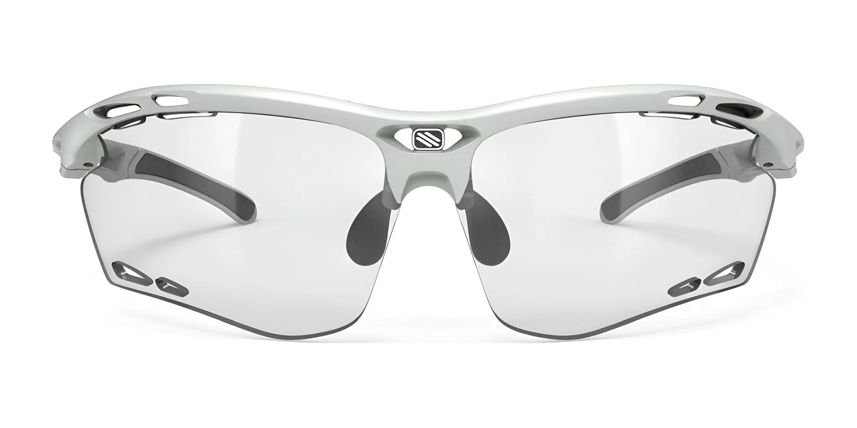 Front view of Rudy Project Propulse Sunglasses | Size 75 by Rudy Project, white frameless sports style with clear UV-protection lenses and black adjustable nosepiece. Front view of Rudy Project Propulse Sunglasses | Size 75 by Rudy Project, white frameless sports style with clear UV-protection lenses and black adjustable nosepiece.