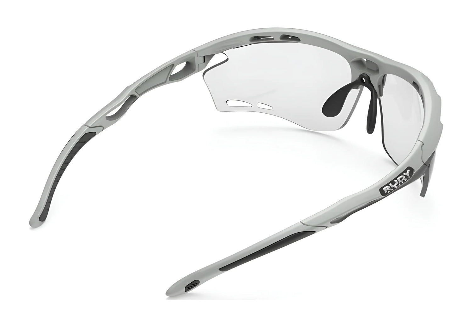 Rudy Project Propulse Sunglasses | Size 75 by Rudy Project, shown from the rear, feature gray frames, clear wraparound lenses with UV protection, a ventilated lightweight design, and an adjustable nosepiece. Rudy Project Propulse Sunglasses | Size 75 by Rudy Project, shown from the rear, feature gray frames, clear wraparound lenses with UV protection, a ventilated lightweight design, and an adjustable nosepiece.