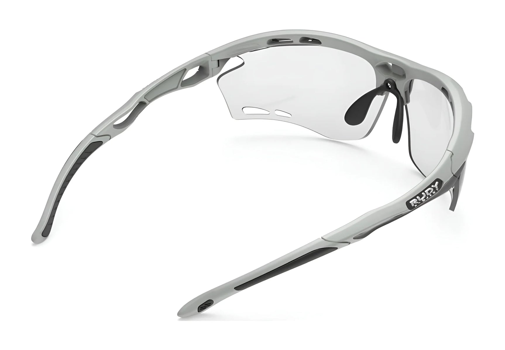 Rudy Project Propulse Sunglasses | Size 75 by Rudy Project, shown from the rear, feature gray frames, clear wraparound lenses with UV protection, a ventilated lightweight design, and an adjustable nosepiece. Rudy Project Propulse Sunglasses | Size 75 by Rudy Project, shown from the rear, feature gray frames, clear wraparound lenses with UV protection, a ventilated lightweight design, and an adjustable nosepiece.