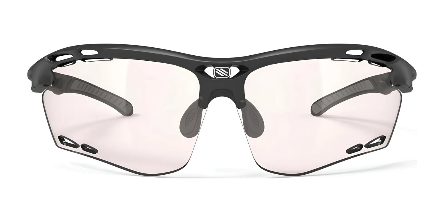 Rudy Project Propulse Sunglasses | Size 75 by Rudy Project—black sports sunglasses with clear lenses, ventilation holes, and an adjustable nosepiece for a secure fit. Shown from the front on a white background. Rudy Project Propulse Sunglasses | Size 75 by Rudy Project—black sports sunglasses with clear lenses, ventilation holes, and an adjustable nosepiece for a secure fit. Shown from the front on a white background.