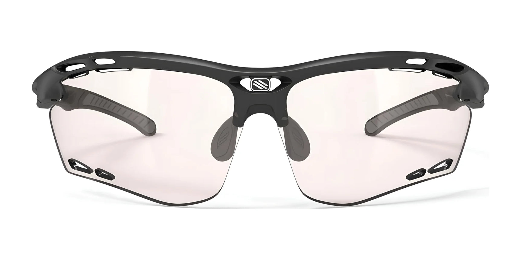 Rudy Project Propulse Sunglasses | Size 75 by Rudy Project—black sports sunglasses with clear lenses, ventilation holes, and an adjustable nosepiece for a secure fit. Shown from the front on a white background. Rudy Project Propulse Sunglasses | Size 75 by Rudy Project—black sports sunglasses with clear lenses, ventilation holes, and an adjustable nosepiece for a secure fit. Shown from the front on a white background.