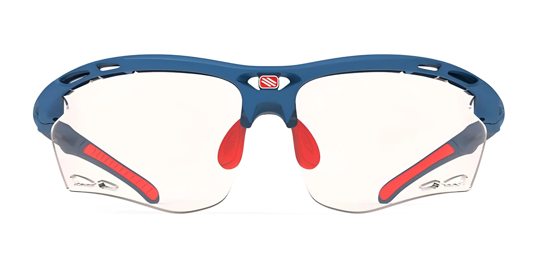 The Rudy Project Propulse Sunglasses in blue and red, size 75, feature clear lenses and an adjustable nosepiece for a custom fit, displayed from the front on a white background. The Rudy Project Propulse Sunglasses in blue and red, size 75, feature clear lenses and an adjustable nosepiece for a custom fit, displayed from the front on a white background.