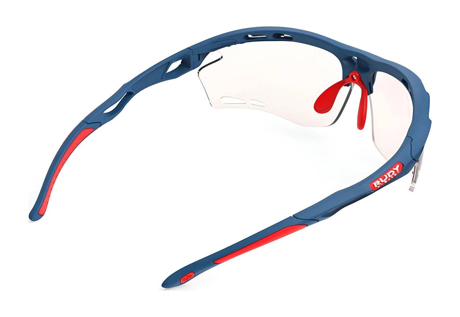 Rudy Project Propulse Sunglasses in blue and red with clear lenses, size 75. Features an adjustable nosepiece for a secure fit. Side and slightly above view. Brand: Rudy Project. Rudy Project Propulse Sunglasses in blue and red with clear lenses, size 75. Features an adjustable nosepiece for a secure fit. Side and slightly above view. Brand: Rudy Project.