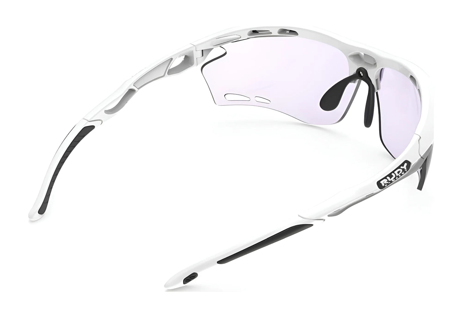 Rudy Project Propulse Sunglasses | Size 75: White semi-rimless sports sunglasses with clear lenses, black arm accents, adjustable nosepiece for comfort, and UV protection. Brand: Rudy Project. Side view shown. Rudy Project Propulse Sunglasses | Size 75: White semi-rimless sports sunglasses with clear lenses, black arm accents, adjustable nosepiece for comfort, and UV protection. Brand: Rudy Project. Side view shown.