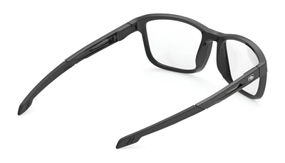 Rudy Project Pulse 53 rectangular eyeglasses in black, featuring clear lenses and adjustable temples, displayed from a rear angle against a white background.