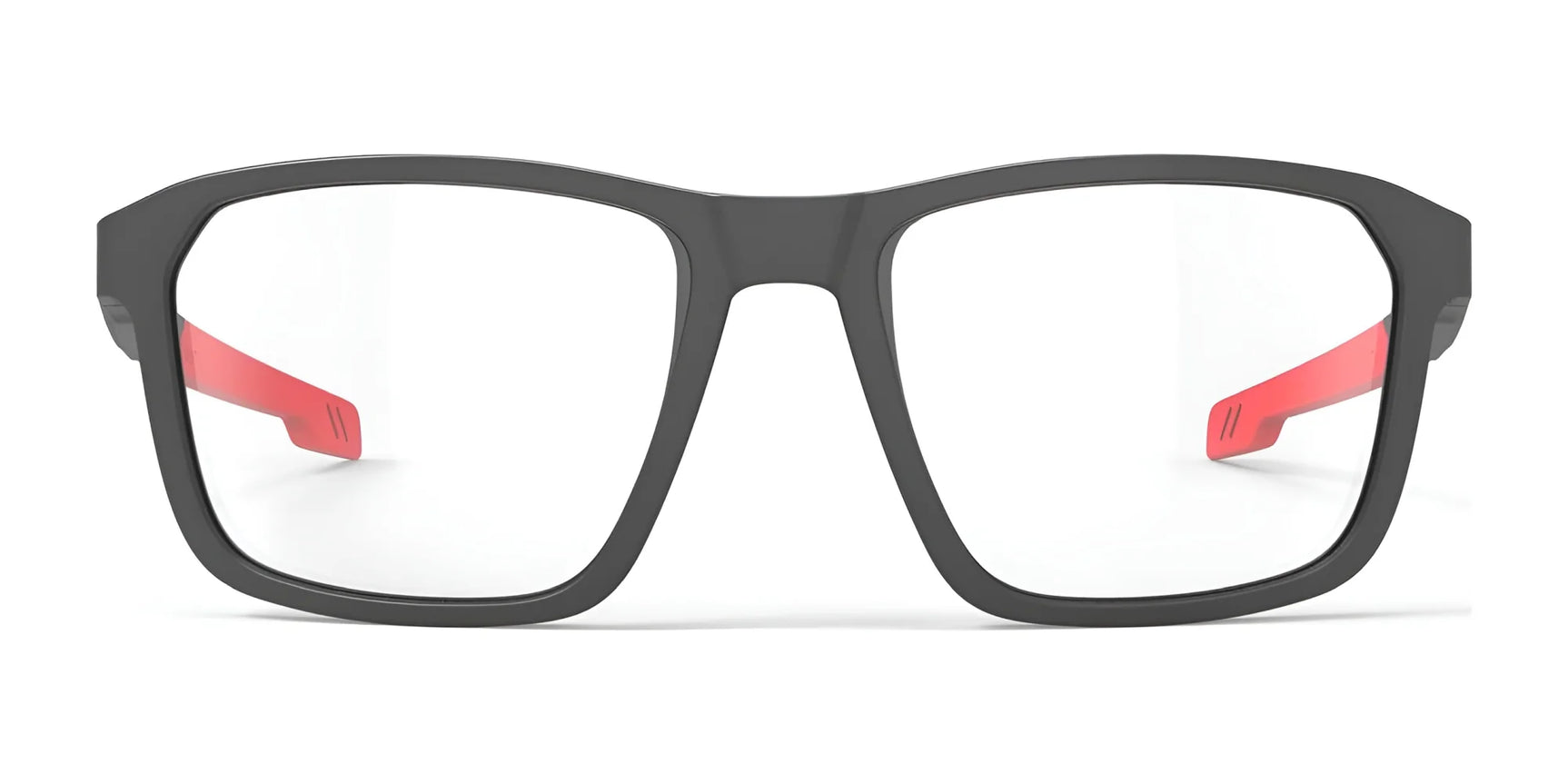 The Rudy Project Pulse 54 Eyeglasses, Size 54, feature black frames with clear lenses and red temple arms. Shown facing forward on a white background, these sport eyeglasses offer adjustable temple tips for a secure fit. The Rudy Project Pulse 54 Eyeglasses, Size 54, feature black frames with clear lenses and red temple arms. Shown facing forward on a white background, these sport eyeglasses offer adjustable temple tips for a secure fit.