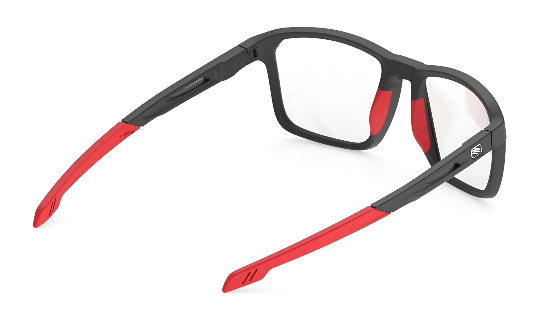 Rudy Project Pulse 54 Eyeglasses by Rudy Project, size 54, feature black rims and red adjustable temple tips; shown angled from the back. Rudy Project Pulse 54 Eyeglasses by Rudy Project, size 54, feature black rims and red adjustable temple tips; shown angled from the back.