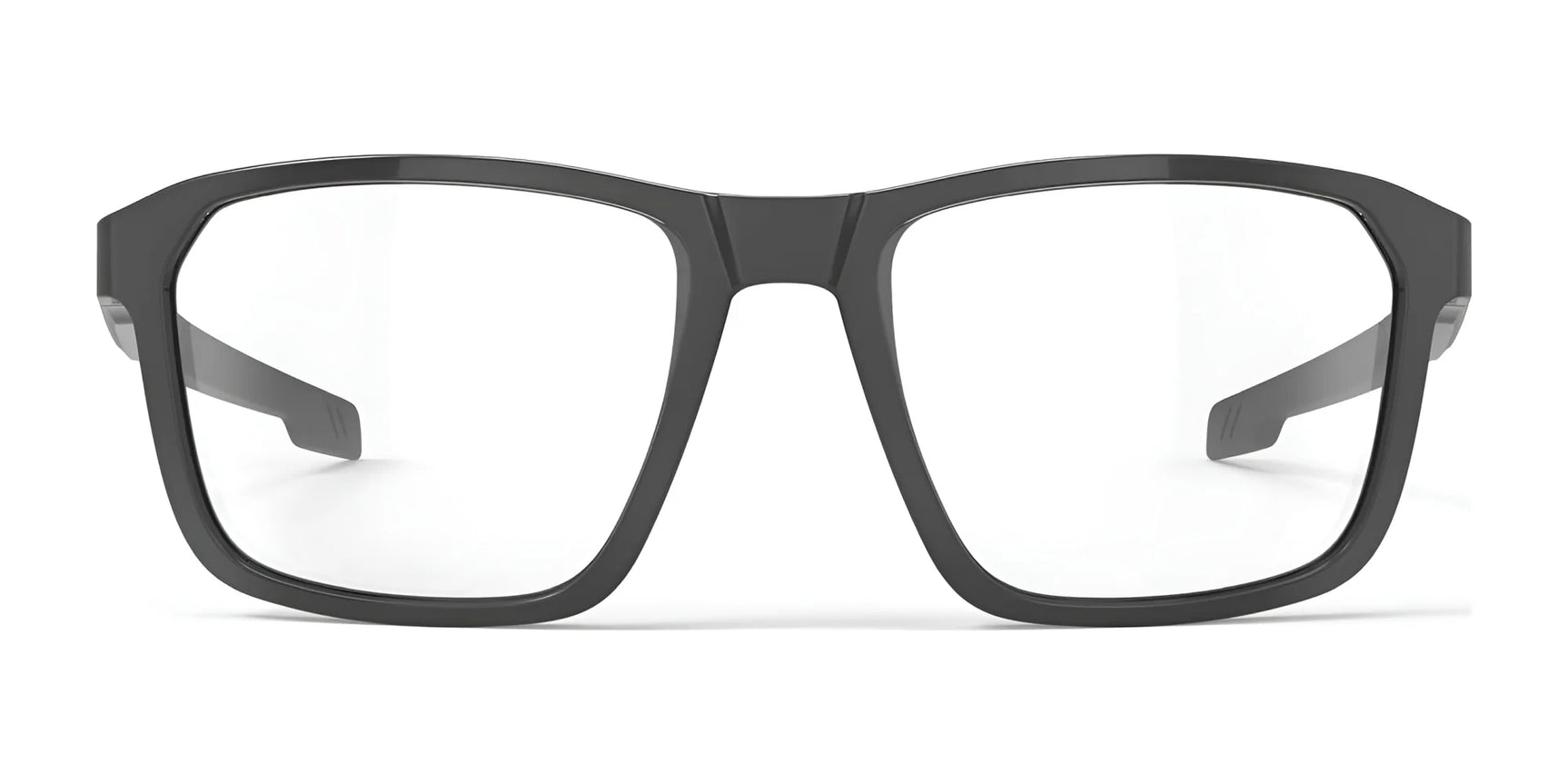 Rudy Project Pulse 54 Eyeglasses by Rudy Project shown facing forward on a white background feature black rectangular sport performance frames with thick temples and adjustable tips. Rudy Project Pulse 54 Eyeglasses by Rudy Project shown facing forward on a white background feature black rectangular sport performance frames with thick temples and adjustable tips.