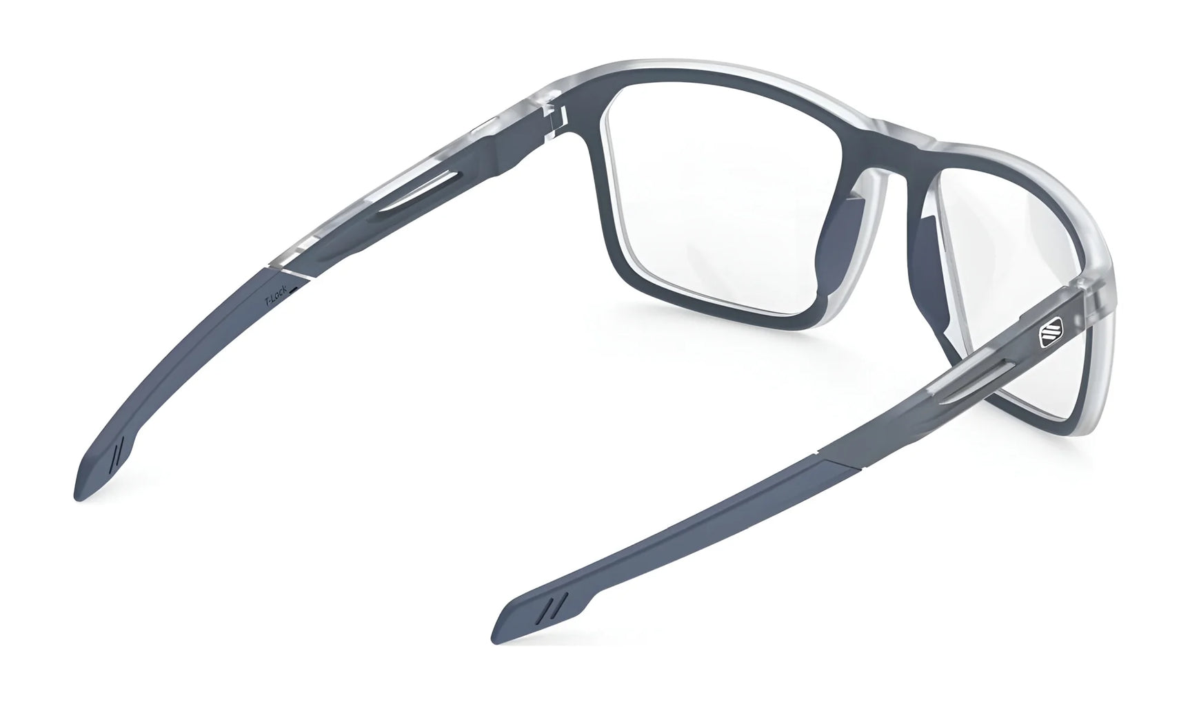 Rudy Project Pulse 54 eyeglasses in gray and black, shown from the back with adjustable temple tips and transparent frames. Prescription ready for versatile style and comfort. Brand: Rudy Project, Size 54. Rudy Project Pulse 54 eyeglasses in gray and black, shown from the back with adjustable temple tips and transparent frames. Prescription ready for versatile style and comfort. Brand: Rudy Project, Size 54.