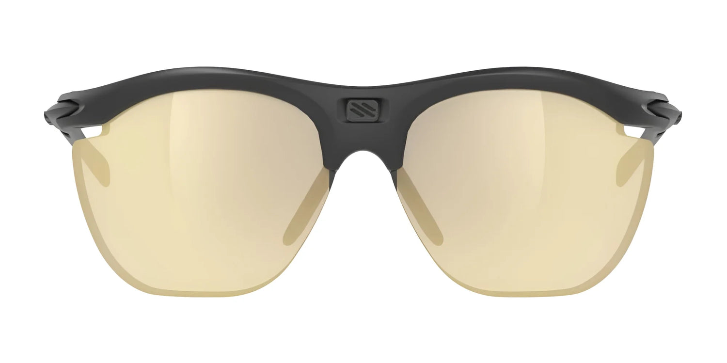 The Rudy Project Rydon Slim Curva Sunglasses (Size 64) feature black frames, yellow-tinted lenses, and UV protection, presented on a white background. The Rudy Project Rydon Slim Curva Sunglasses (Size 64) feature black frames, yellow-tinted lenses, and UV protection, presented on a white background.