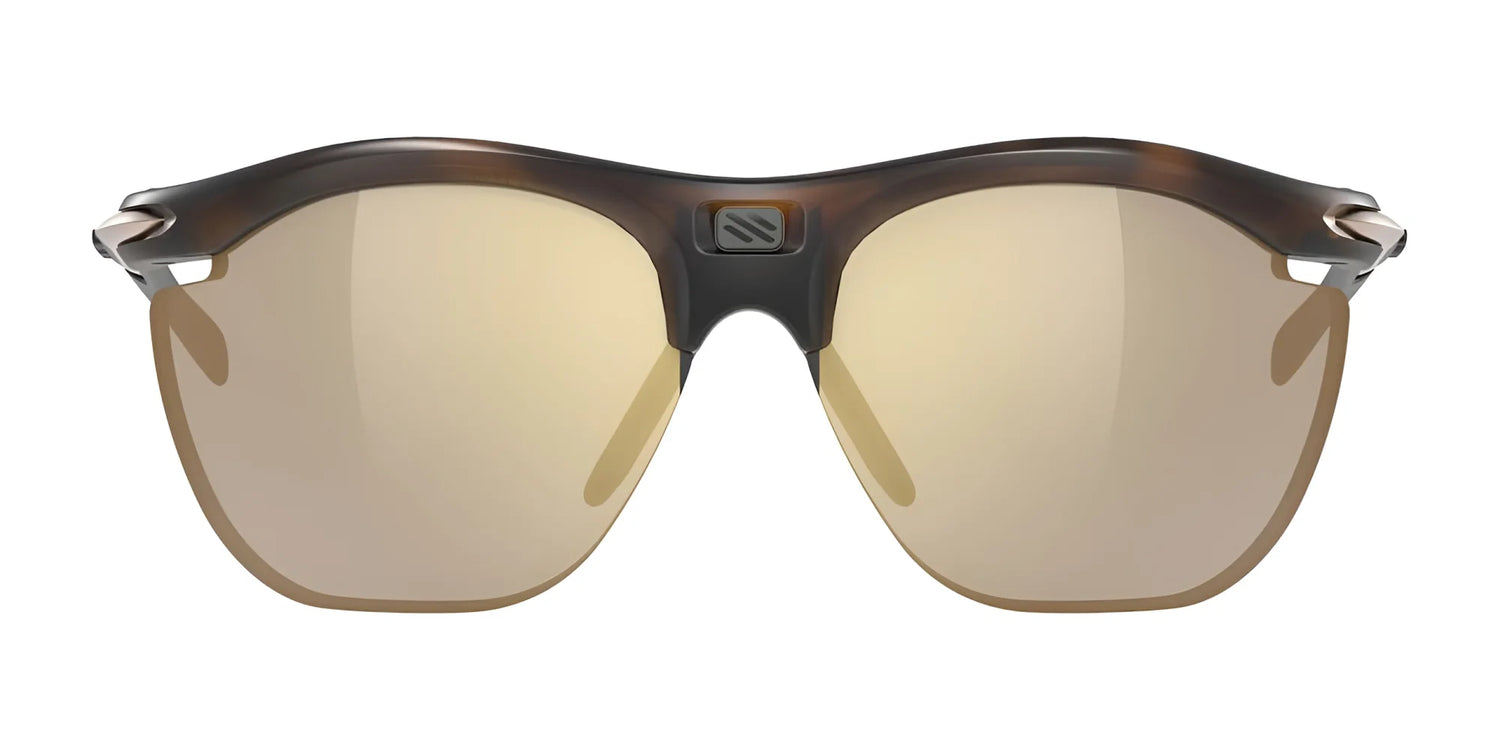 The Rudy Project Rydon Slim Curva Sunglasses in size 64 feature a brown semi-rimless frame and gold mirrored lenses, delivering stylish UV protection. Shown from the front on a white background. The Rudy Project Rydon Slim Curva Sunglasses in size 64 feature a brown semi-rimless frame and gold mirrored lenses, delivering stylish UV protection. Shown from the front on a white background.