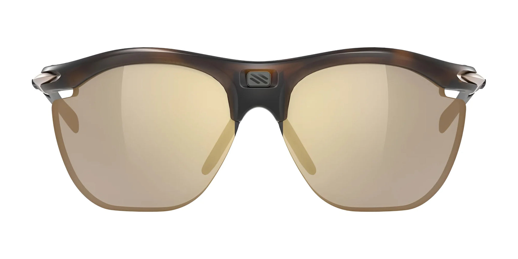 The Rudy Project Rydon Slim Curva Sunglasses in size 64 feature a brown semi-rimless frame and gold mirrored lenses, delivering stylish UV protection. Shown from the front on a white background. The Rudy Project Rydon Slim Curva Sunglasses in size 64 feature a brown semi-rimless frame and gold mirrored lenses, delivering stylish UV protection. Shown from the front on a white background.