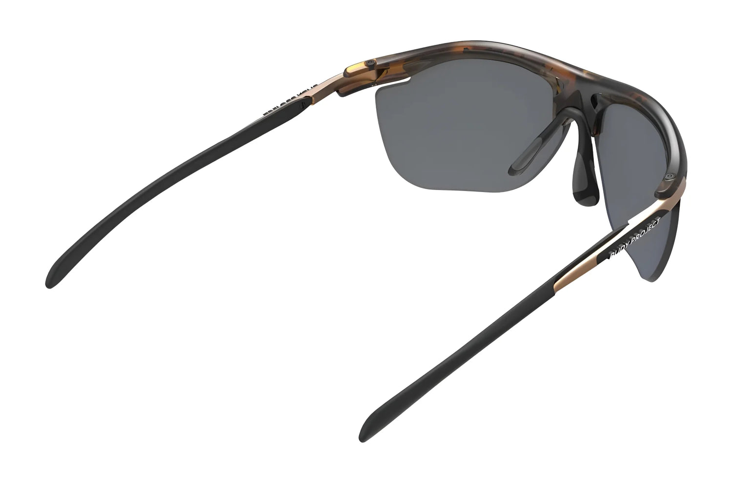 Rudy Project Rydon Slim Curva Sunglasses in brown and black, size 64, feature semi-rimless dark lenses with UV protection for outdoor activities. Rear angled view shown. Rudy Project Rydon Slim Curva Sunglasses in brown and black, size 64, feature semi-rimless dark lenses with UV protection for outdoor activities. Rear angled view shown.
