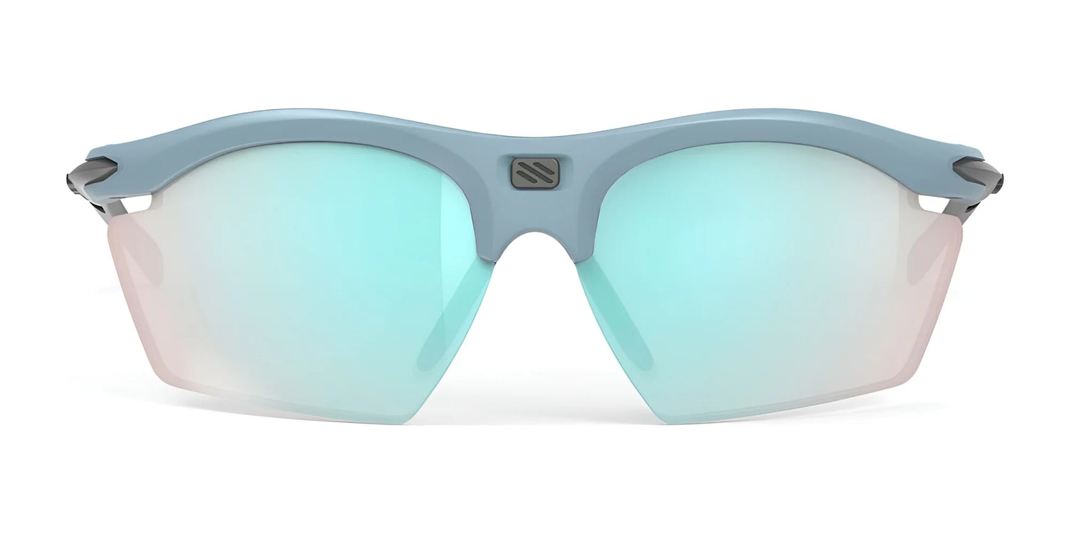 The Rudy Project Rydon Slim sunglasses boast a sleek, sporty style with blue mirrored lenses, a light gray frame, and full UV protection, showcased from the front. The Rudy Project Rydon Slim sunglasses boast a sleek, sporty style with blue mirrored lenses, a light gray frame, and full UV protection, showcased from the front.