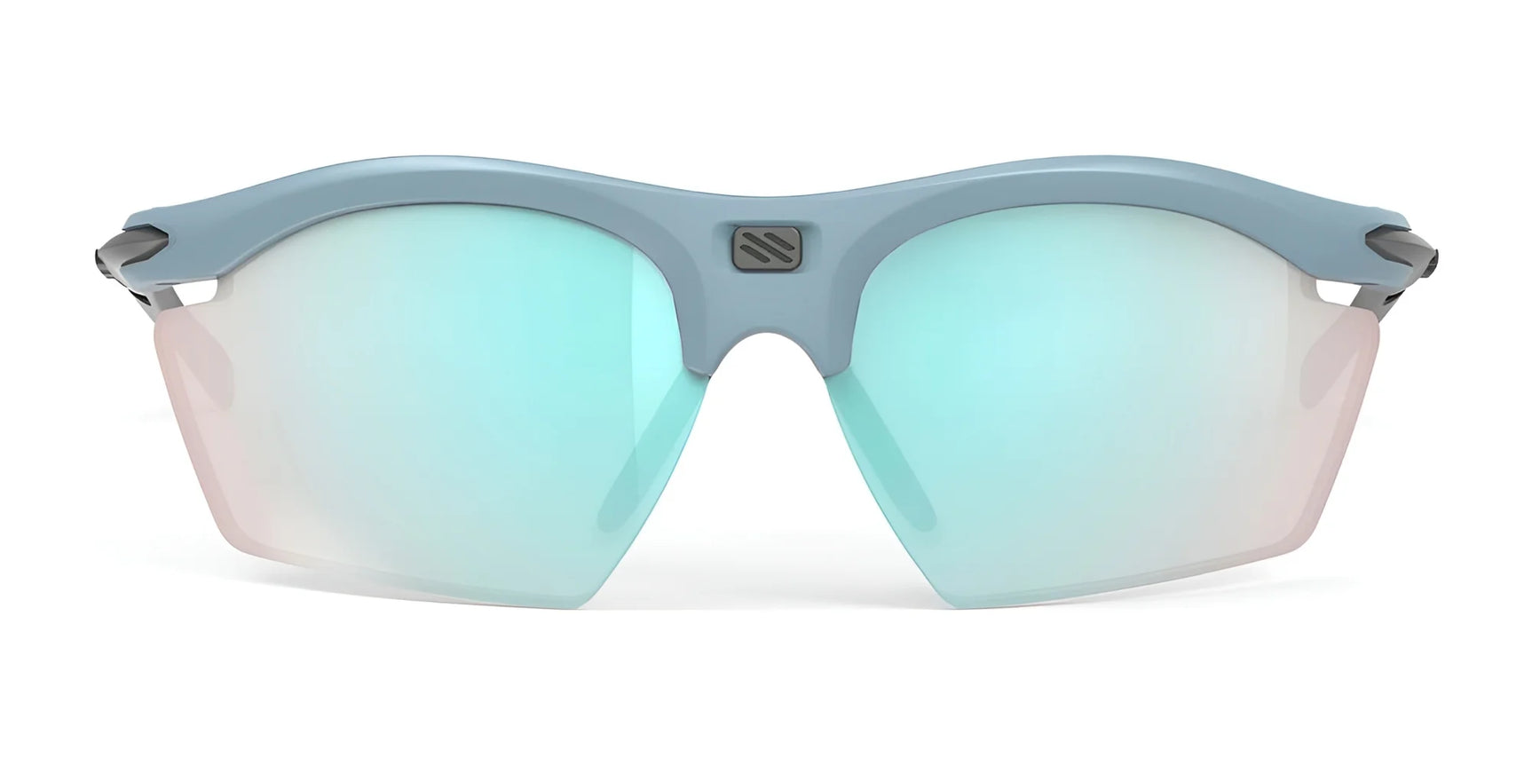 The Rudy Project Rydon Slim sunglasses boast a sleek, sporty style with blue mirrored lenses, a light gray frame, and full UV protection, showcased from the front. The Rudy Project Rydon Slim sunglasses boast a sleek, sporty style with blue mirrored lenses, a light gray frame, and full UV protection, showcased from the front.