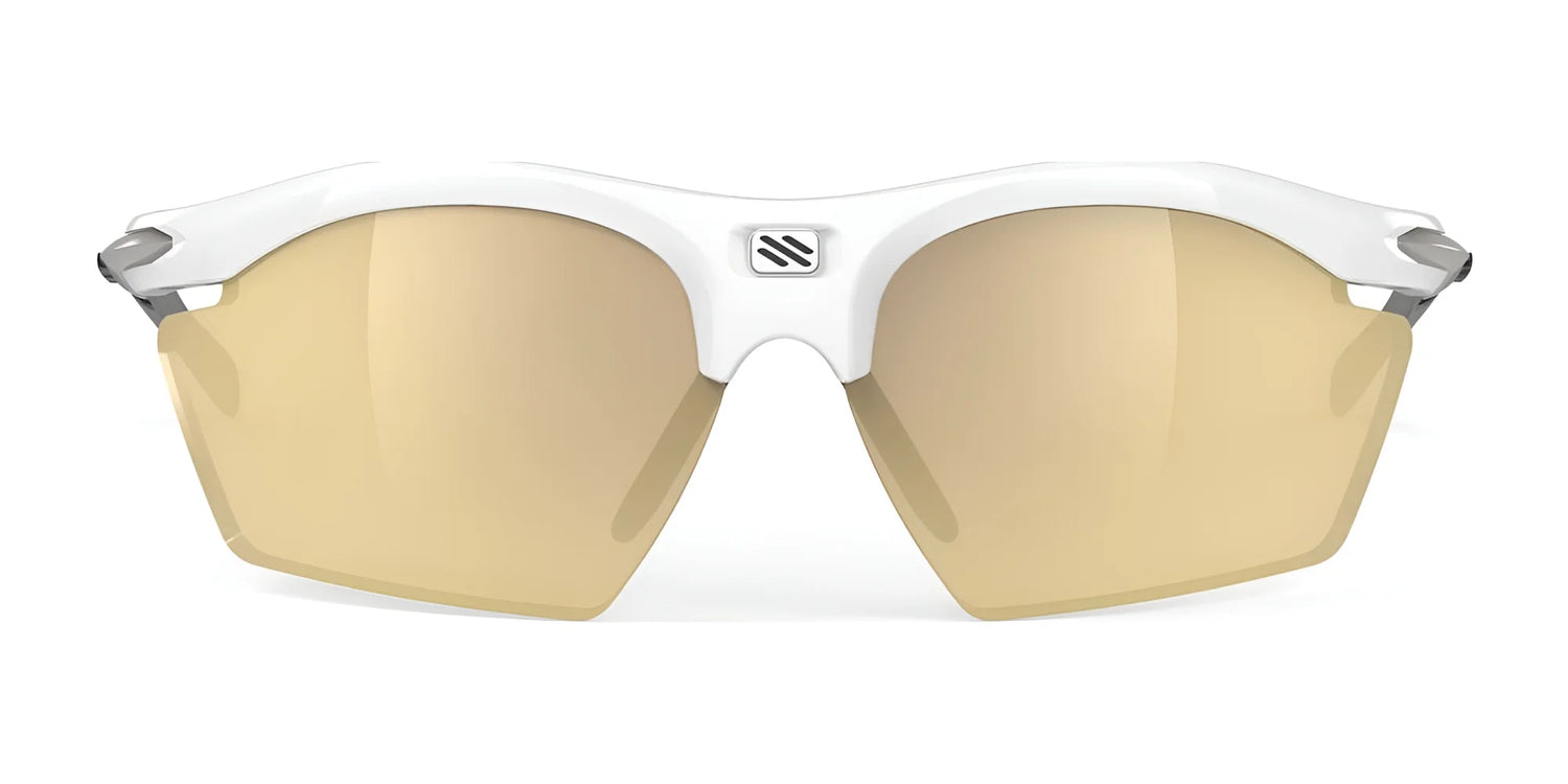 Rudy Project Rydon Slim Sunglasses from Rudy Project, featuring a white frame and tan lenses with UV protection, viewed from the front. Rudy Project Rydon Slim Sunglasses from Rudy Project, featuring a white frame and tan lenses with UV protection, viewed from the front.