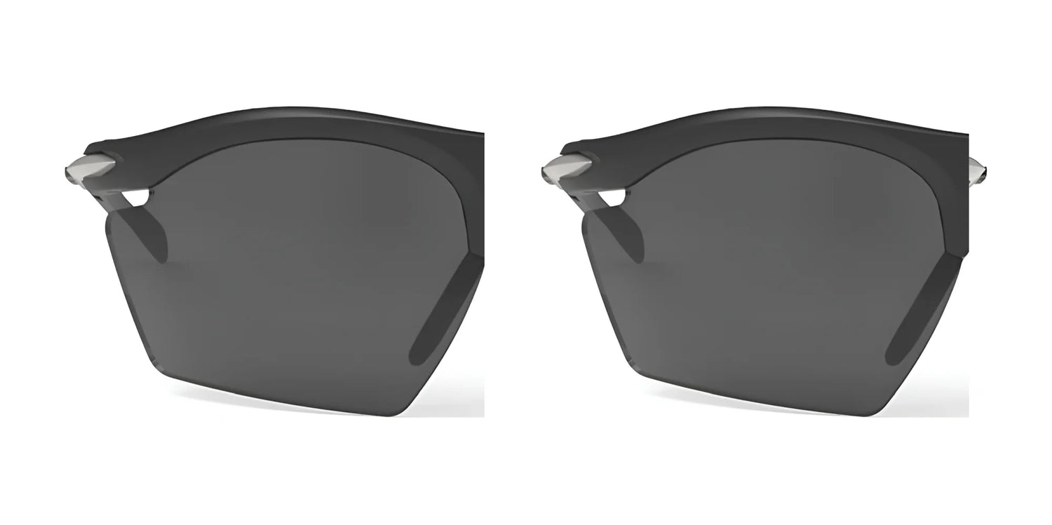 Two Rudy Project Rydon Slim black half-rim sunglasses with gray lenses, providing UV protection, are elegantly displayed on a white background. Two Rudy Project Rydon Slim black half-rim sunglasses with gray lenses, providing UV protection, are elegantly displayed on a white background.