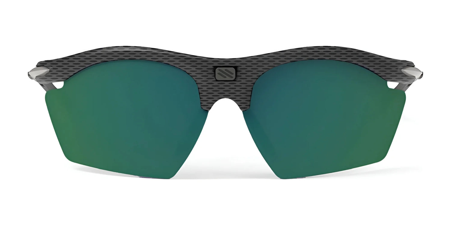 The Rudy Project Rydon Slim Sunglasses by Rudy Project feature futuristic green UV-protection lenses and textured dark frames, shown from a front view. The Rudy Project Rydon Slim Sunglasses by Rudy Project feature futuristic green UV-protection lenses and textured dark frames, shown from a front view.