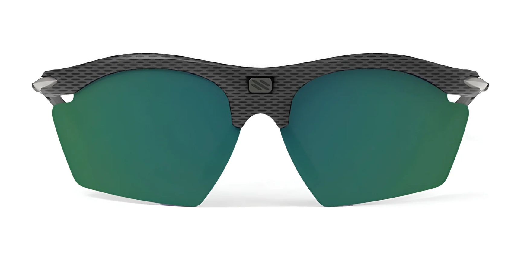 The Rudy Project Rydon Slim Sunglasses by Rudy Project feature futuristic green UV-protection lenses and textured dark frames, shown from a front view. The Rudy Project Rydon Slim Sunglasses by Rudy Project feature futuristic green UV-protection lenses and textured dark frames, shown from a front view.
