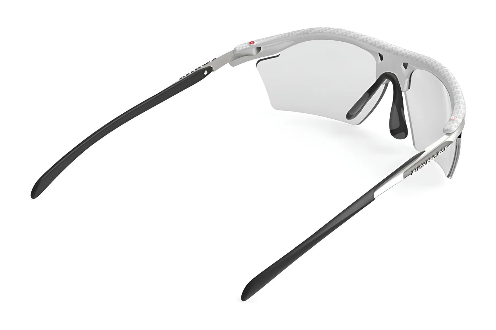 Rudy Project Rydon Slim Sunglasses feature an angular design with white frames, transparent lenses offering UV protection, and sleek black and white arms. Rudy Project Rydon Slim Sunglasses feature an angular design with white frames, transparent lenses offering UV protection, and sleek black and white arms.