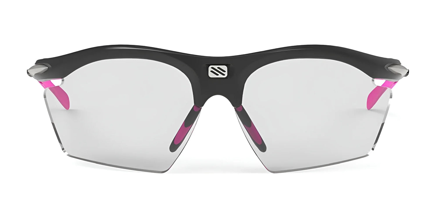 The Rudy Project Rydon Slim Sunglasses feature black frames, clear lenses with UV protection, and pink accents. The Rudy Project Rydon Slim Sunglasses feature black frames, clear lenses with UV protection, and pink accents.