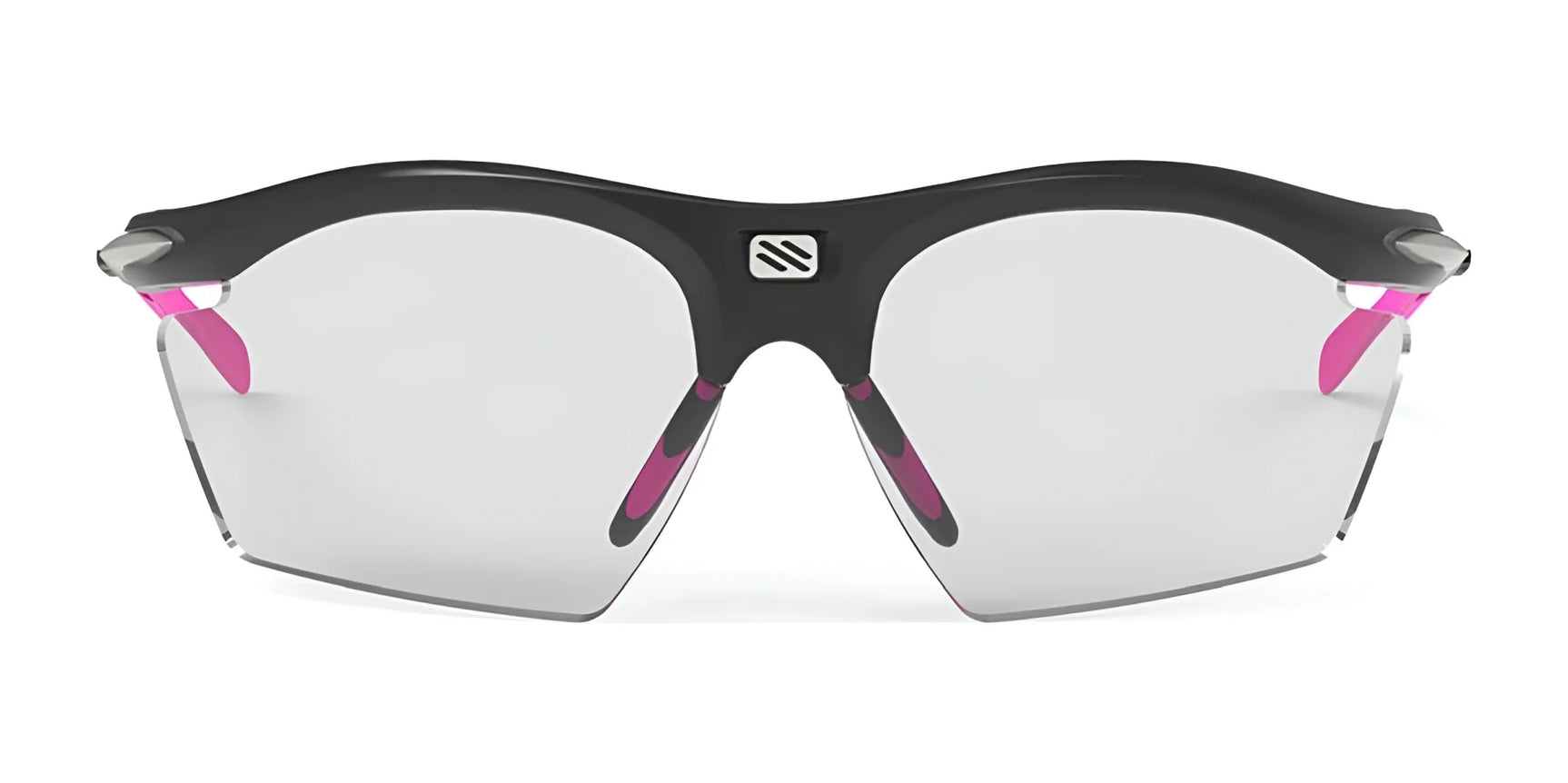 The Rudy Project Rydon Slim Sunglasses feature black frames, clear lenses with UV protection, and pink accents. The Rudy Project Rydon Slim Sunglasses feature black frames, clear lenses with UV protection, and pink accents.