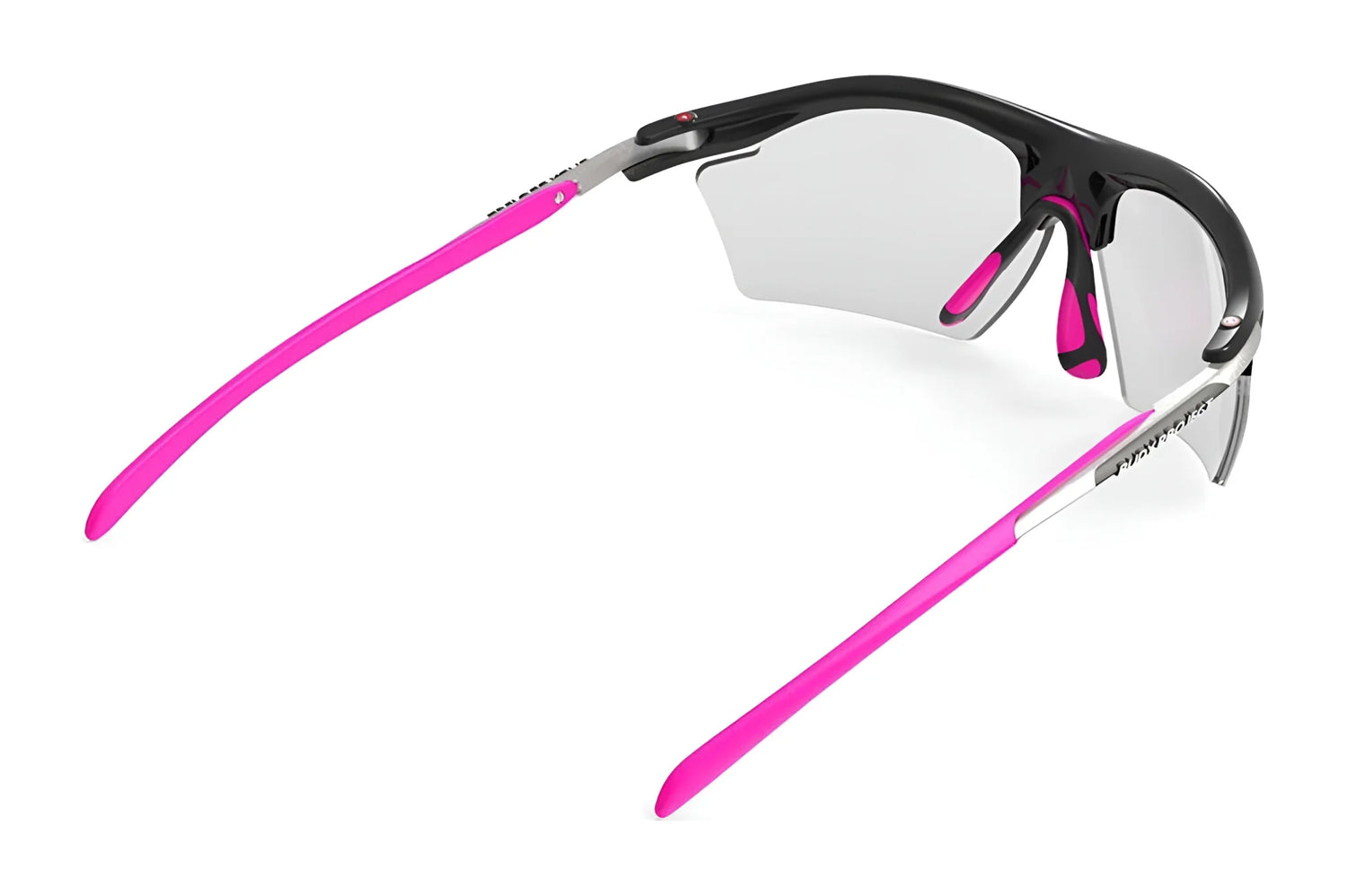 The Rudy Project Rydon Slim Sunglasses are sleek sports sunglasses that feature black frames, pink arms, and clear lenses with UV protection, viewed from the back. The Rudy Project Rydon Slim Sunglasses are sleek sports sunglasses that feature black frames, pink arms, and clear lenses with UV protection, viewed from the back.