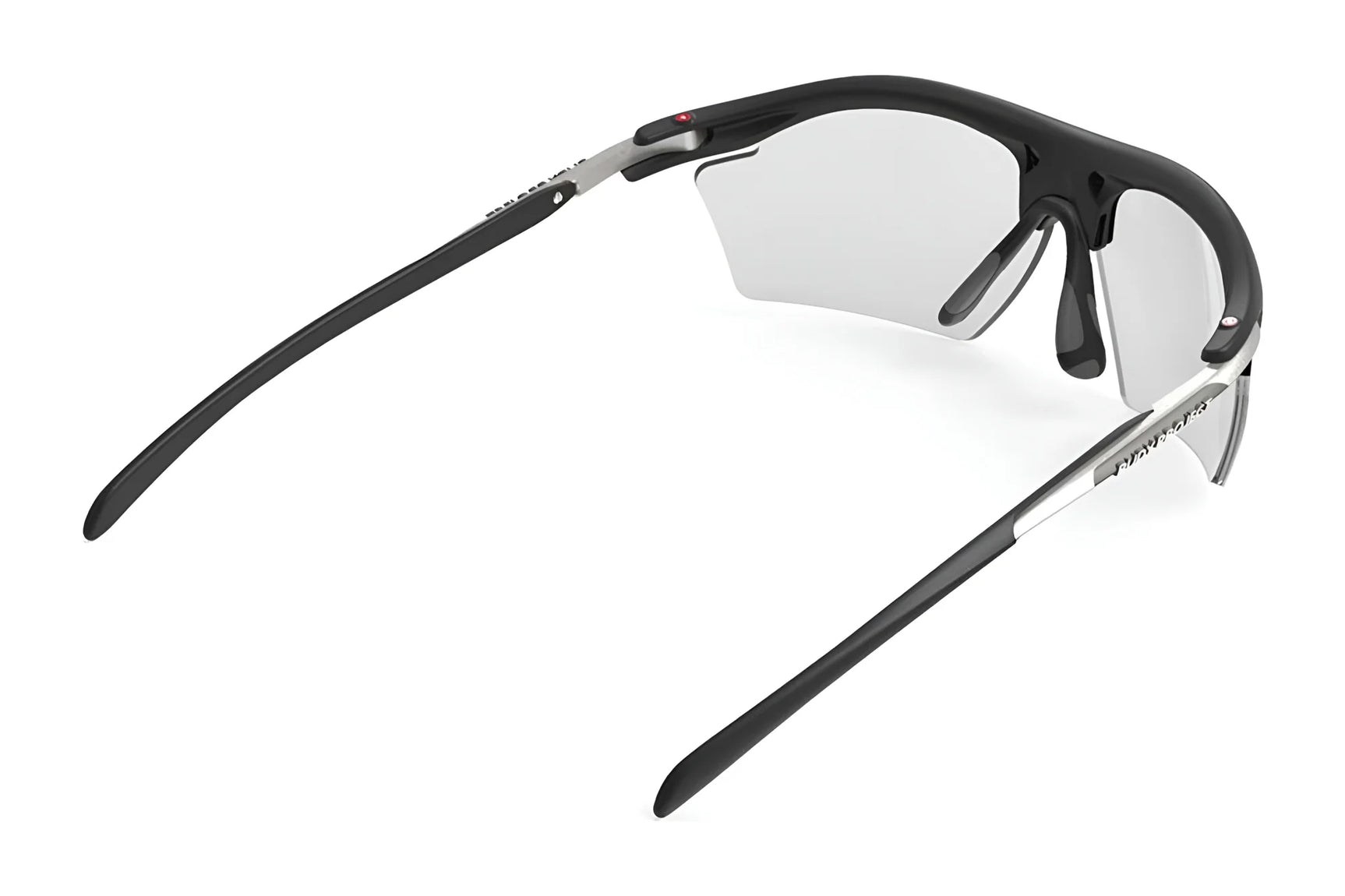 Rudy Project Rydon Slim sunglasses feature sleek black frames with clear, interchangeable lenses, showcased beautifully from a side angle. Rudy Project Rydon Slim sunglasses feature sleek black frames with clear, interchangeable lenses, showcased beautifully from a side angle.