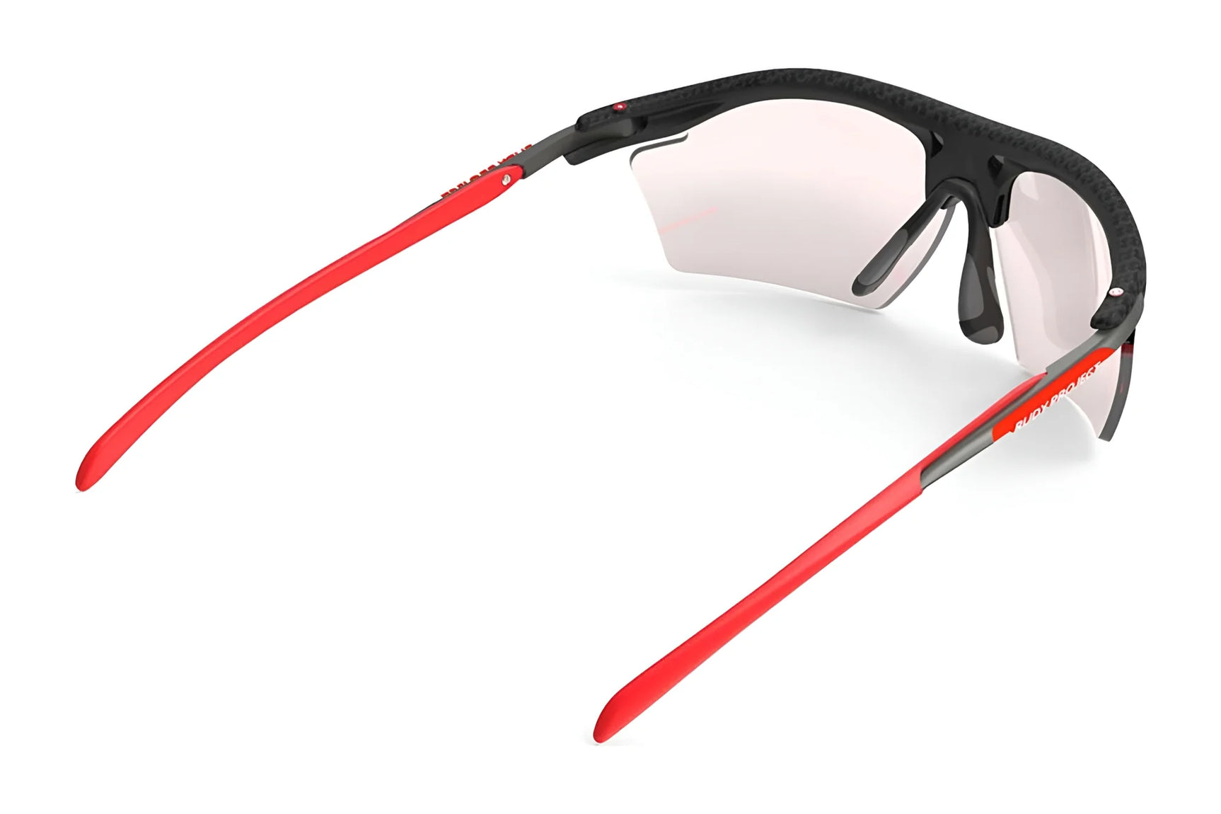 Red Rudy Project Rydon Slim sunglasses featuring black frames with UV protection, displayed from the back. Red Rudy Project Rydon Slim sunglasses featuring black frames with UV protection, displayed from the back.