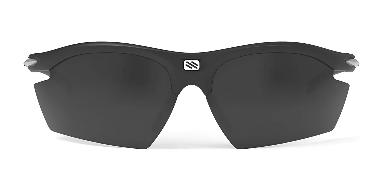 Rudy Project Rydon Sunglasses by Rudy Project are black wraparound sports shades with dark lenses and adjustable anti-slip nosepads for a secure fit, shown on a white background. Rudy Project Rydon Sunglasses by Rudy Project are black wraparound sports shades with dark lenses and adjustable anti-slip nosepads for a secure fit, shown on a white background.