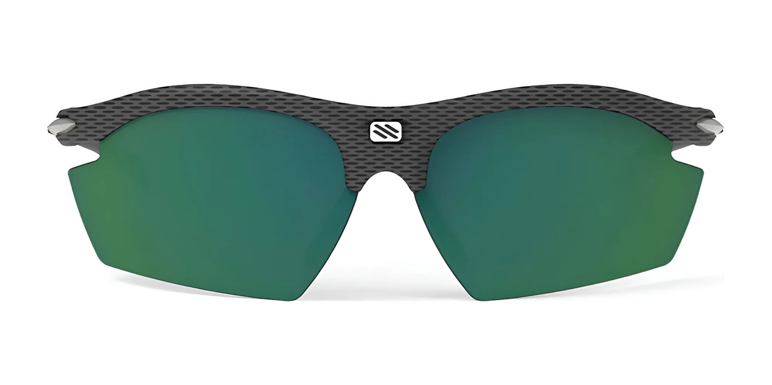 Rudy Project Rydon Sunglasses by Rudy Project feature green mirrored interchangeable lenses, a textured black frame, and adjustable anti-slip nosepads for a secure fit, shown front-facing on a white background. Rudy Project Rydon Sunglasses by Rudy Project feature green mirrored interchangeable lenses, a textured black frame, and adjustable anti-slip nosepads for a secure fit, shown front-facing on a white background.
