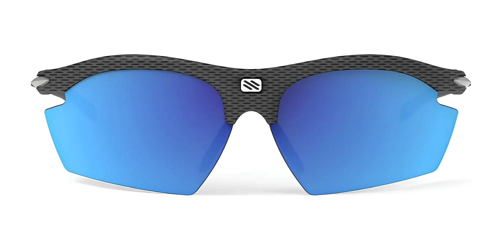 Rudy Project Rydon Sunglasses by Rudy Project feature blue mirrored lenses, a black textured frame, and adjustable anti-slip nosepads for comfort, shown on a white background. Rudy Project Rydon Sunglasses by Rudy Project feature blue mirrored lenses, a black textured frame, and adjustable anti-slip nosepads for comfort, shown on a white background.