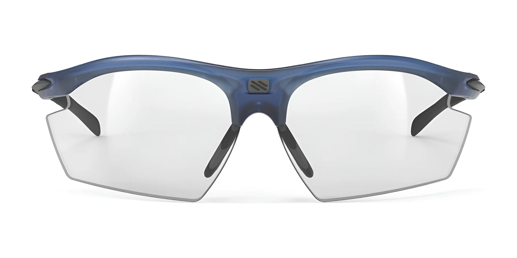Rudy Project Rydon Sunglasses by Rudy Project feature blue rims, clear lenses, black temples, and adjustable anti-slip nosepads, shown from the front. Rudy Project Rydon Sunglasses by Rudy Project feature blue rims, clear lenses, black temples, and adjustable anti-slip nosepads, shown from the front.