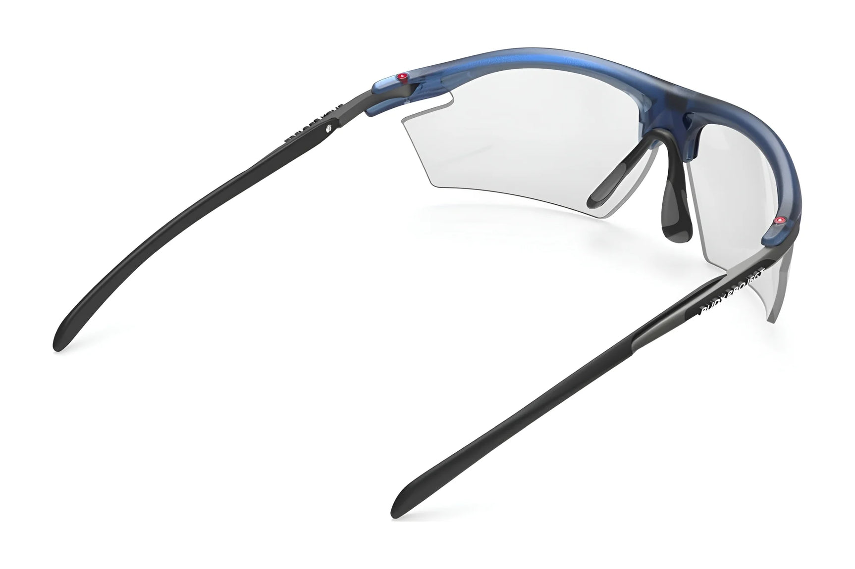 Rudy Project Rydon Sunglasses by Rudy Project in translucent blue with clear lenses, black arms, and adjustable anti-slip nosepads, shown from the back angle. Rudy Project Rydon Sunglasses by Rudy Project in translucent blue with clear lenses, black arms, and adjustable anti-slip nosepads, shown from the back angle.