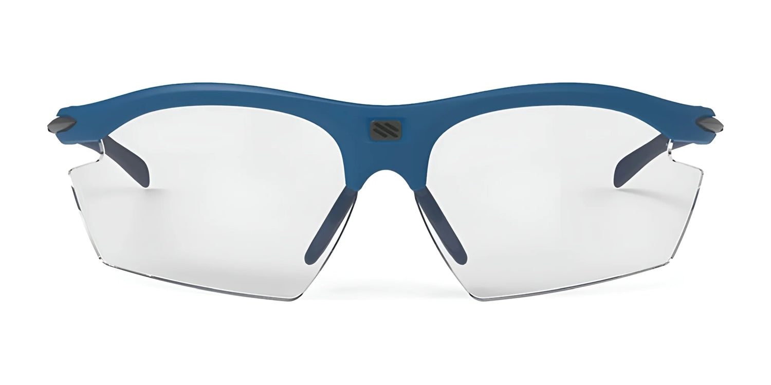 The Rudy Project Rydon Sunglasses by Rudy Project feature a blue frame, clear rimless lenses, and adjustable anti-slip nosepads, displayed against a plain white background. The Rudy Project Rydon Sunglasses by Rudy Project feature a blue frame, clear rimless lenses, and adjustable anti-slip nosepads, displayed against a plain white background.
