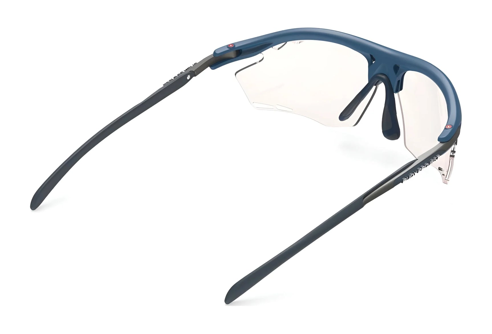 Rudy Project Rydon sunglasses by Rudy Project, featuring blue frames, clear lenses, and adjustable anti-slip nosepads, shown from the rear on a white background. Rudy Project Rydon sunglasses by Rudy Project, featuring blue frames, clear lenses, and adjustable anti-slip nosepads, shown from the rear on a white background.