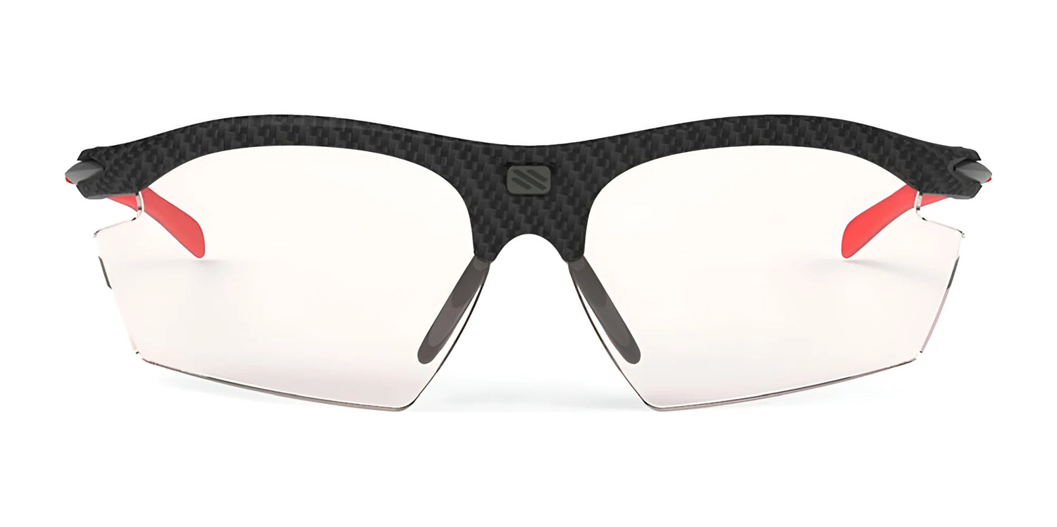 The Rudy Project Rydon Sunglasses by Rudy Project feature a black textured frame, red arms, clear lenses, and adjustable anti-slip nosepads for comfort and a secure fit during any activity. Shown from the front. The Rudy Project Rydon Sunglasses by Rudy Project feature a black textured frame, red arms, clear lenses, and adjustable anti-slip nosepads for comfort and a secure fit during any activity. Shown from the front.