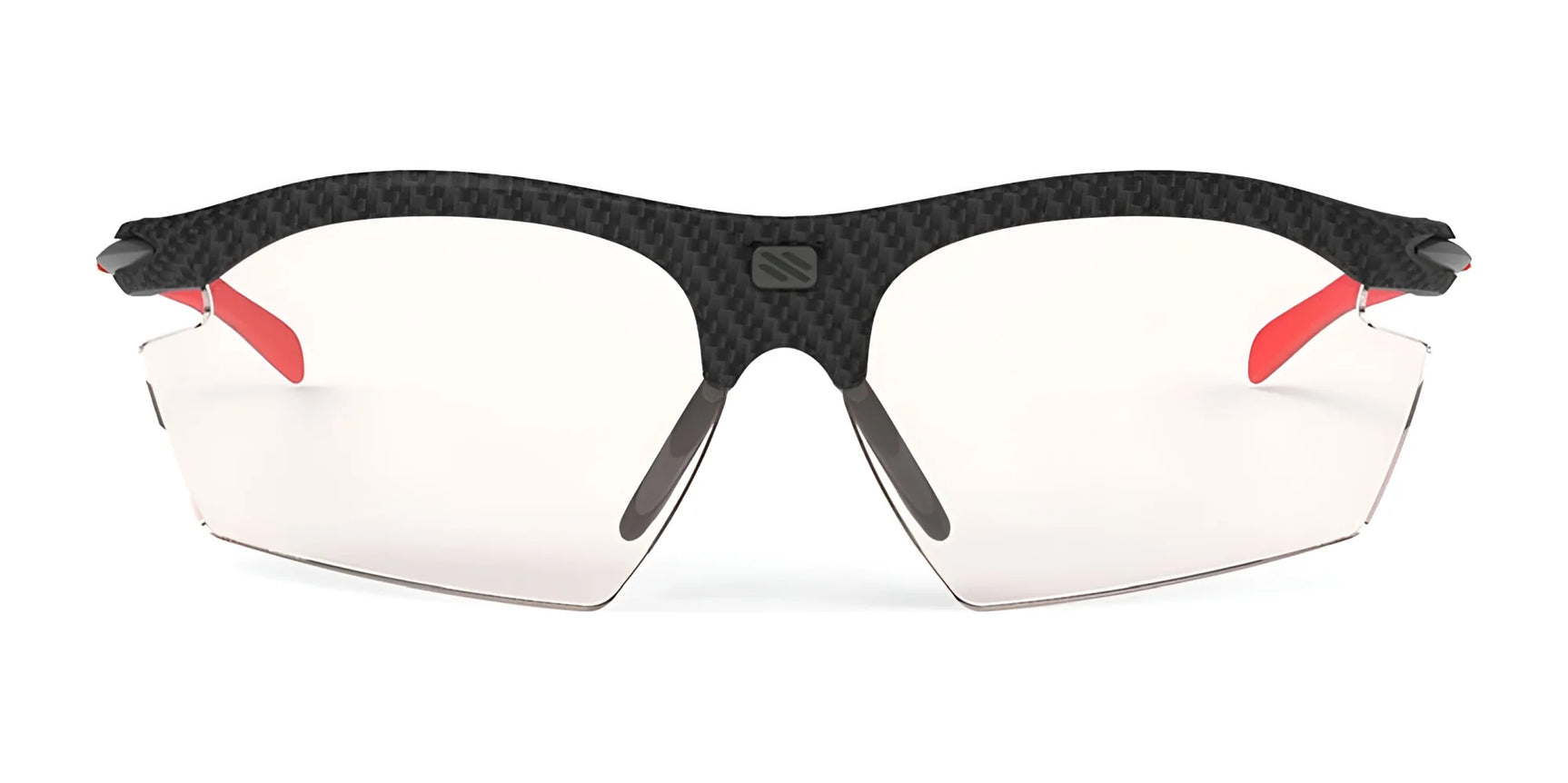 The Rudy Project Rydon Sunglasses by Rudy Project feature a black textured frame, red arms, clear lenses, and adjustable anti-slip nosepads for comfort and a secure fit during any activity. Shown from the front. The Rudy Project Rydon Sunglasses by Rudy Project feature a black textured frame, red arms, clear lenses, and adjustable anti-slip nosepads for comfort and a secure fit during any activity. Shown from the front.