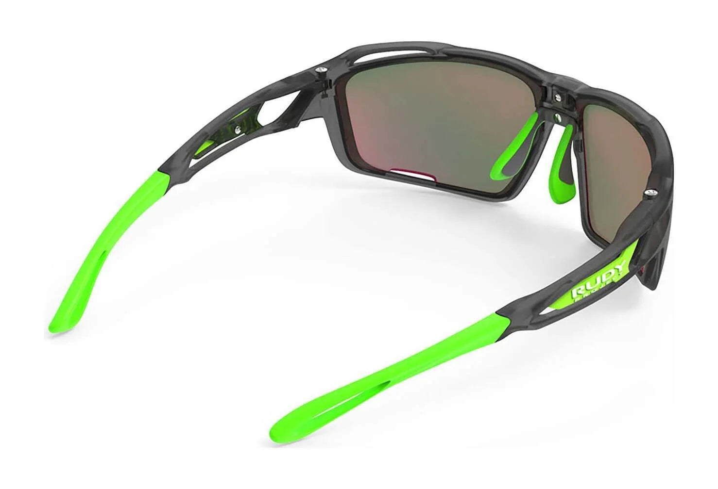 Rudy Project Sintryx Sunglasses | Size 66 by Rudy Project feature black frames, green arms, and reflective lenses with advanced photochromic technology for optimal vision in changing light conditions, shown from a back angle. Rudy Project Sintryx Sunglasses | Size 66 by Rudy Project feature black frames, green arms, and reflective lenses with advanced photochromic technology for optimal vision in changing light conditions, shown from a back angle.