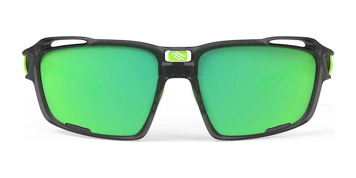 Rudy Project Sintryx Sunglasses | Size 66 by Rudy Project, shown facing forward on a white background, feature green mirrored photochromic lenses and a black frame. Rudy Project Sintryx Sunglasses | Size 66 by Rudy Project, shown facing forward on a white background, feature green mirrored photochromic lenses and a black frame.