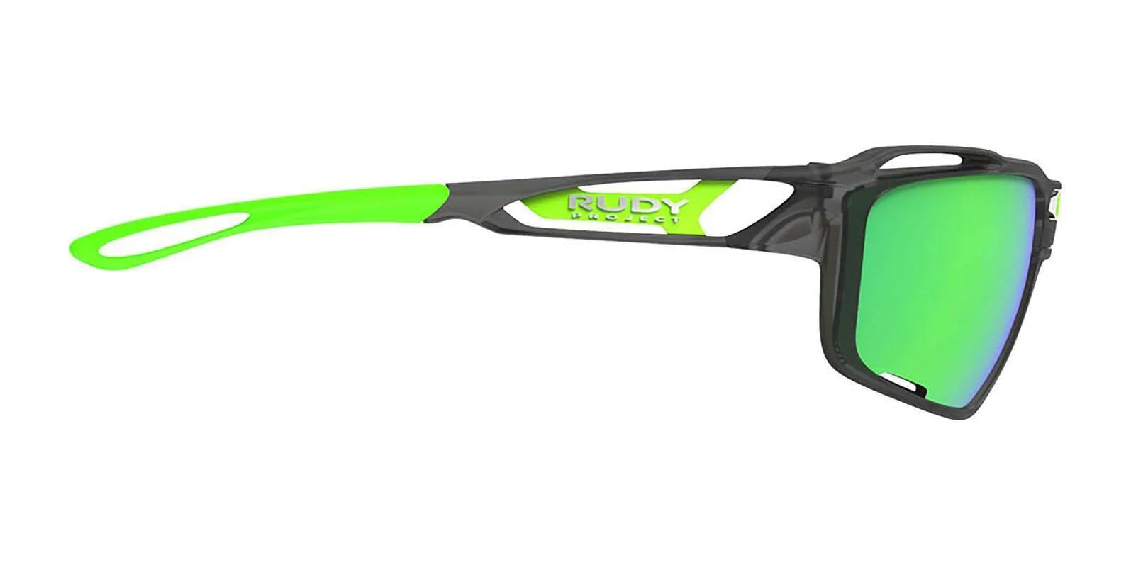 Side view of Rudy Project Sintryx Sunglasses (Size 66) with green mirror lenses, black and neon green frame, Rudy Project branding, and a quick-change lens system for easy adaptability. Side view of Rudy Project Sintryx Sunglasses (Size 66) with green mirror lenses, black and neon green frame, Rudy Project branding, and a quick-change lens system for easy adaptability.