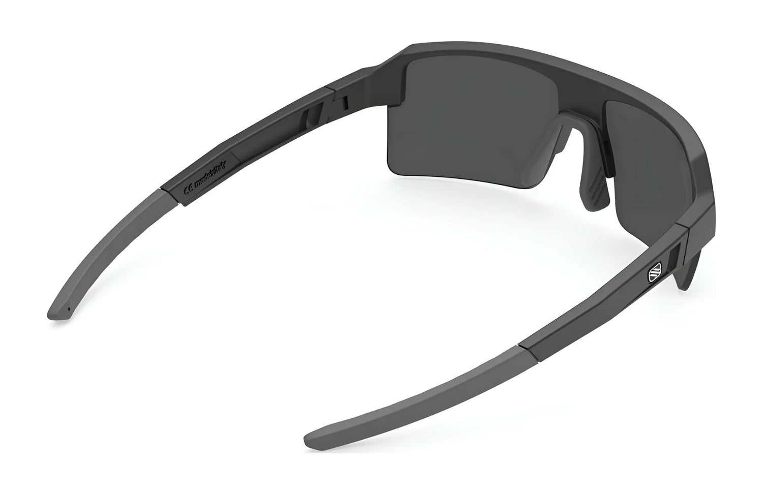 The Rudy Project Sirius Sunglasses | Size 50, by Rudy Project, feature thick matte black wraparound frames and dark lenses viewed from the back, offering UV protection and crafted from sustainable materials. The Rudy Project Sirius Sunglasses | Size 50, by Rudy Project, feature thick matte black wraparound frames and dark lenses viewed from the back, offering UV protection and crafted from sustainable materials.