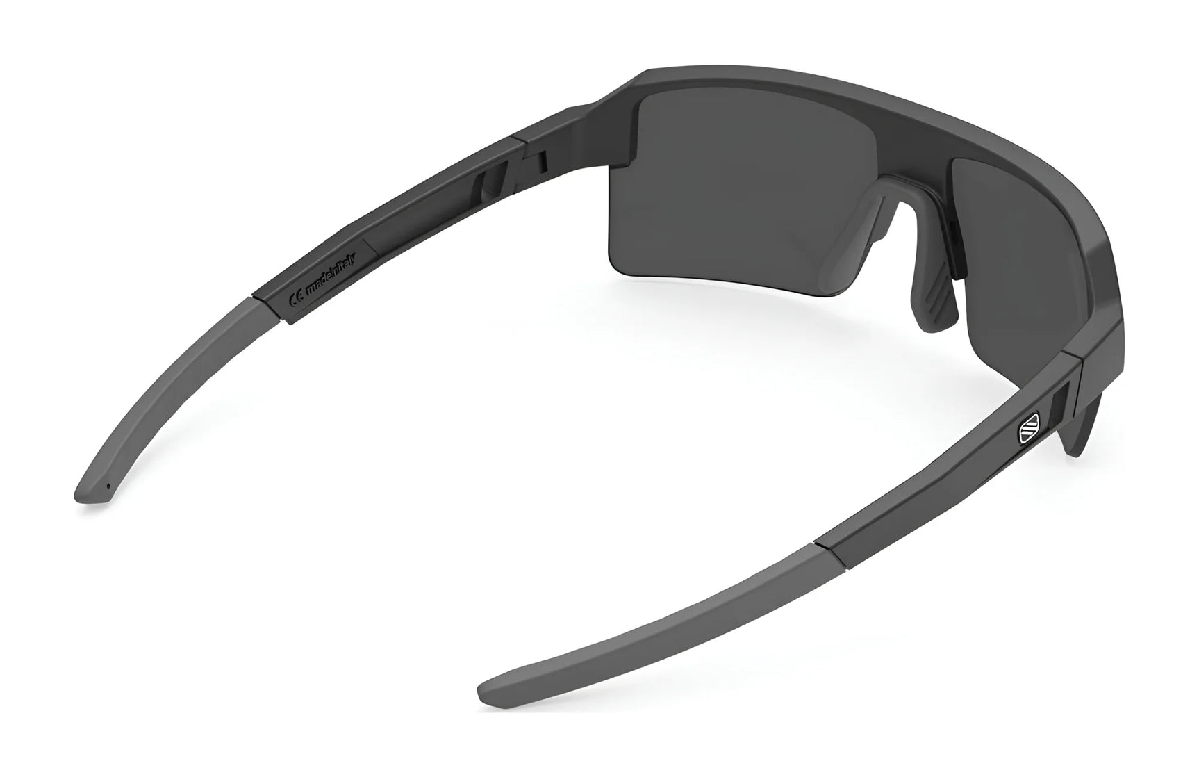 The Rudy Project Sirius Sunglasses | Size 50, by Rudy Project, feature thick matte black wraparound frames and dark lenses viewed from the back, offering UV protection and crafted from sustainable materials. The Rudy Project Sirius Sunglasses | Size 50, by Rudy Project, feature thick matte black wraparound frames and dark lenses viewed from the back, offering UV protection and crafted from sustainable materials.