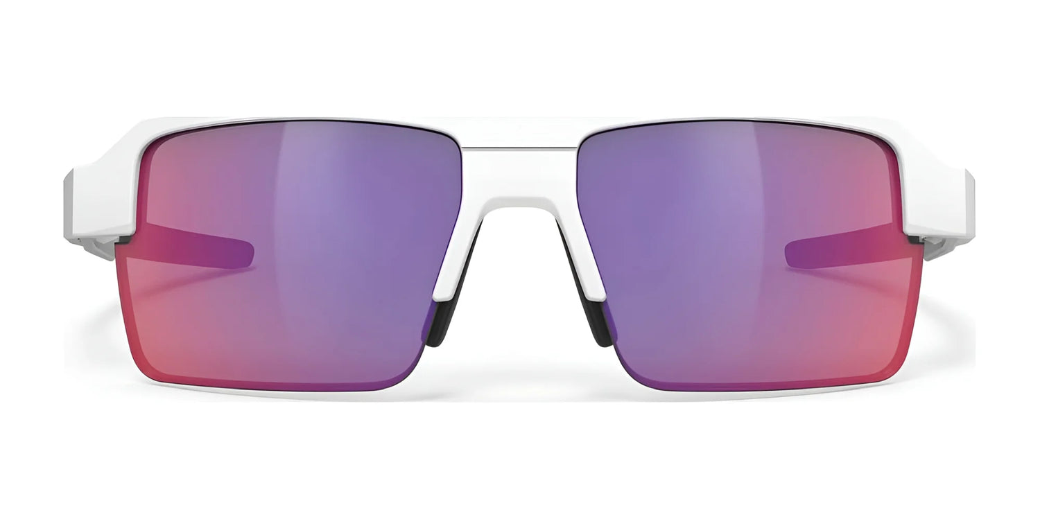 Rudy Project Sirius Sunglasses | Size 50 feature white sustainable frames and large rectangular lenses tinted purple and pink, offering stylish UV protection. Shown on a white background. Rudy Project Sirius Sunglasses | Size 50 feature white sustainable frames and large rectangular lenses tinted purple and pink, offering stylish UV protection. Shown on a white background.